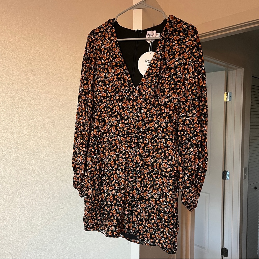 Princess Polly LEONIA LONG SLEEVE MINI DRESS BLACK FLORAL